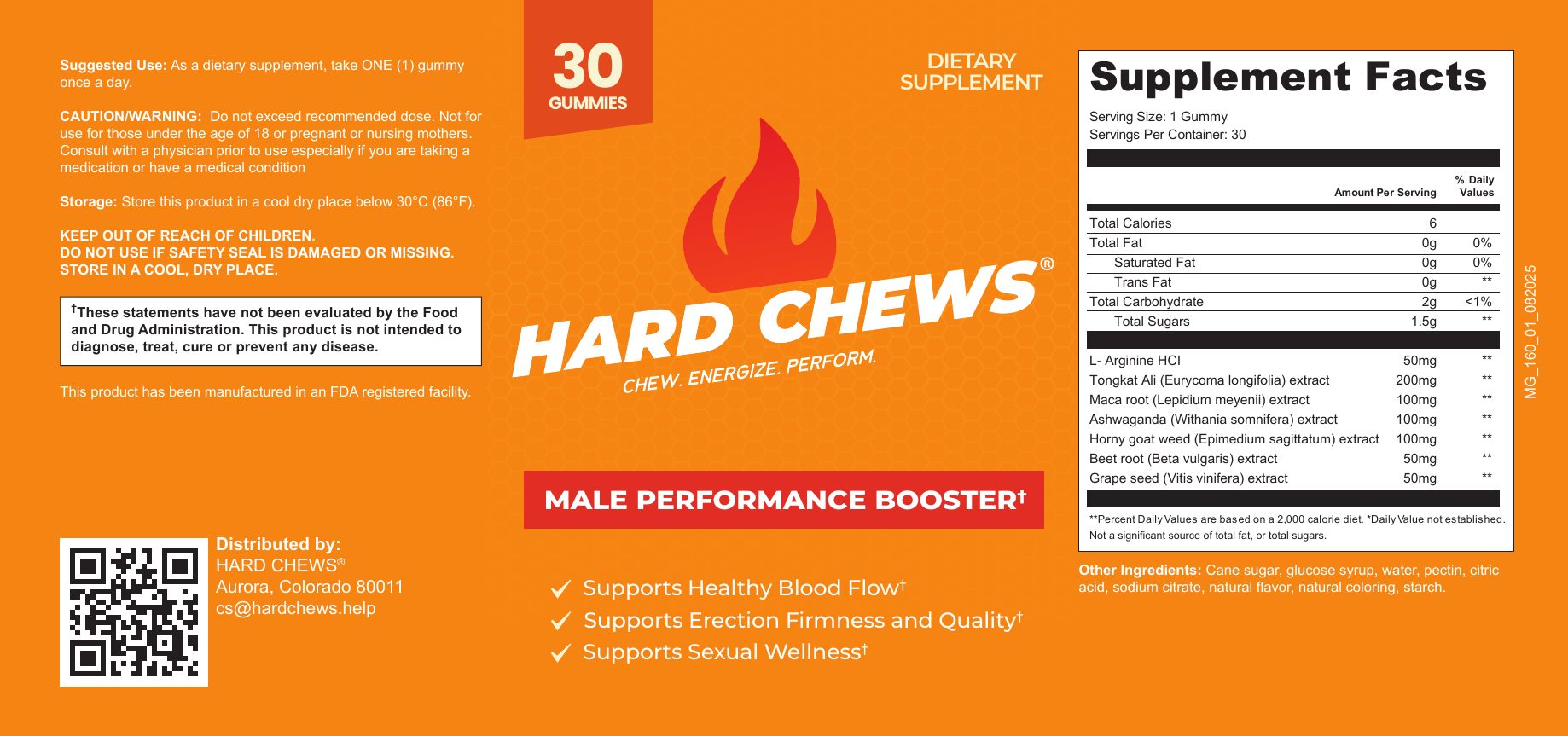 Hard Chews Full Supplement Facts and Ingredient Label — Serving Size 1 Gummy, 30 Servings, L-Arginine HCl 50mg, Tongkat Ali Extract 200mg, Maca Root Extract 100mg, Ashwagandha Extract 100mg, Horny Goat Weed Extract 100mg, Beet Root Extract 50mg, Grape Seed Extract 50mg. Other Ingredients: Cane sugar, glucose syrup, water, pectin, citric acid, sodium citrate, natural flavor, natural coloring, starch.
