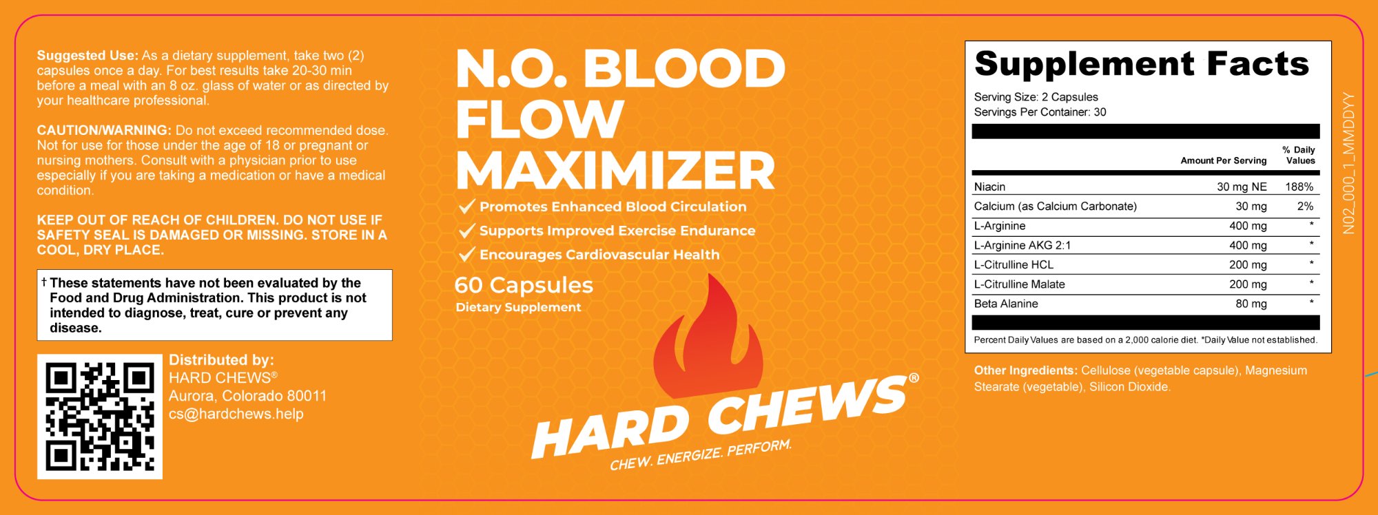 N.O. Blood Flow Maximizer Full Supplement Facts and Ingredient Label — Serving Size 2 Capsules, 30 Servings, Niacin 30mg, Calcium 30mg, L-Arginine 400mg, L-Arginine AKG 2:1 400mg, L-Citrulline HCL 200mg, L-Citrulline Malate 200mg, Beta Alanine 80mg. Other Ingredients: Cellulose (vegetable capsule), Magnesium Stearate (vegetable), Silicon Dioxide.