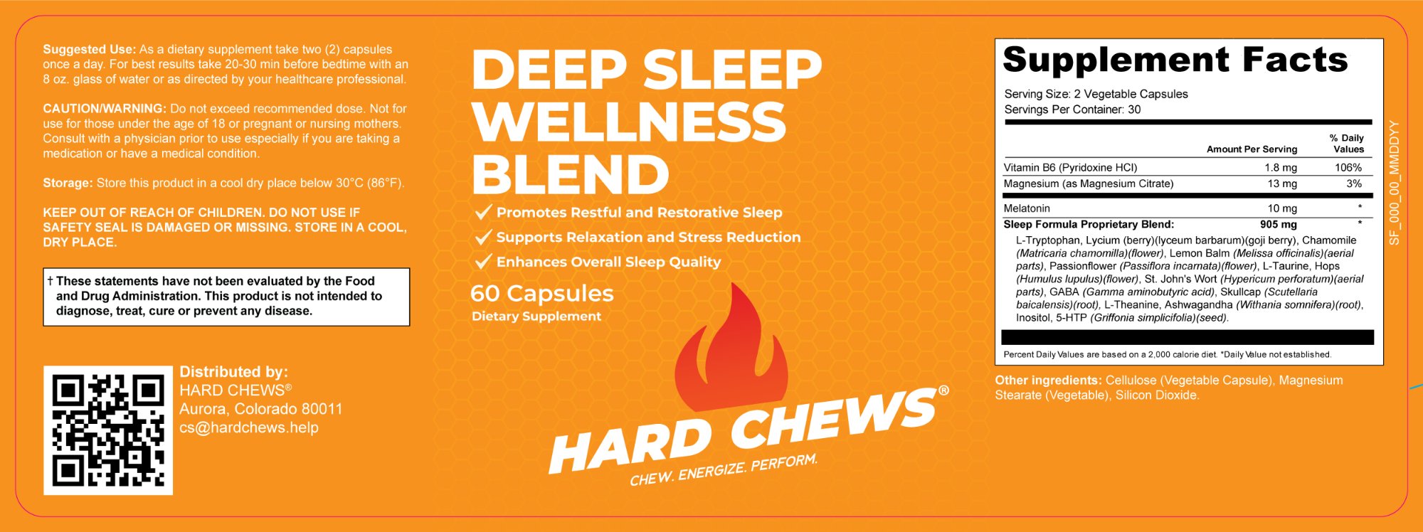 Deep Sleep Wellness Blend Full Supplement Facts and Ingredient Label — Serving Size 2 Vegetable Capsules, 30 Servings, Vitamin B6 1.8mg, Magnesium 13mg, Melatonin 10mg, Sleep Formula Proprietary Blend 905mg including L-Tryptophan, Lycium, Chamomile, Lemon Balm, Passionflower, L-Taurine, Hops, St. John's Wort, GABA, Skullcap, L-Theanine, Ashwagandha, Inositol, 5-HTP. Other Ingredients: Cellulose (Vegetable Capsule), Magnesium Stearate (Vegetable), Silicon Dioxide.