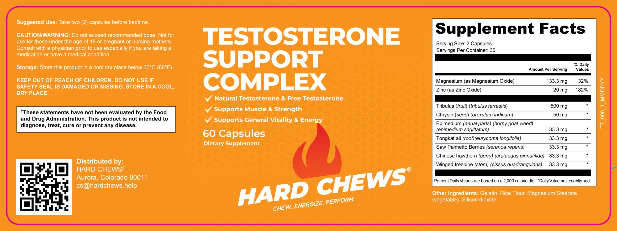 Testosterone Support Complex Full Supplement Facts and Ingredient Label — Serving Size 2 Capsules, 30 Servings, Magnesium 133.3mg, Zinc 20mg, Tribulus Terrestris 500mg, Chrysin 50mg, Epimedium 33.3mg, Tongkat Ali 33.3mg, Saw Palmetto 33.3mg, Chinese Hawthorn 33.3mg, Winged Treebine 33.3mg. Other Ingredients: Gelatin, Rice Flour, Magnesium Stearate (Vegetable), Silicon Dioxide.